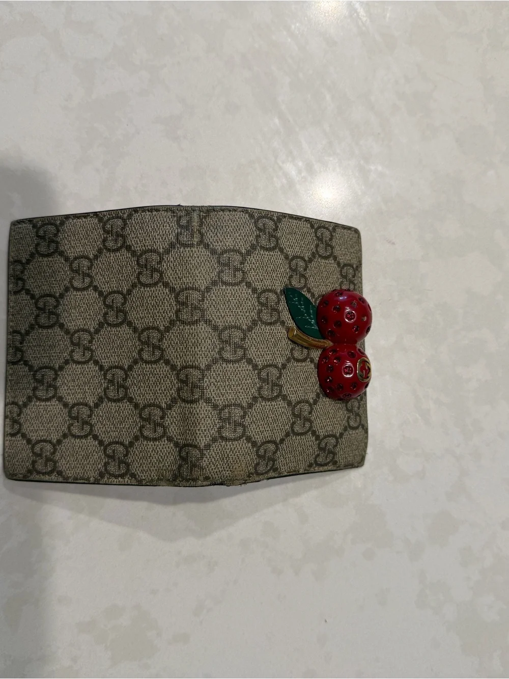 Gucci Beige GG Canvas Card Holder with Red Cherry Detail